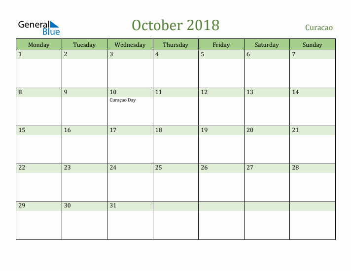 October 2018 Calendar with Curacao Holidays