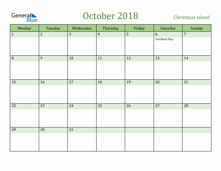October 2018 Calendar with Christmas Island Holidays