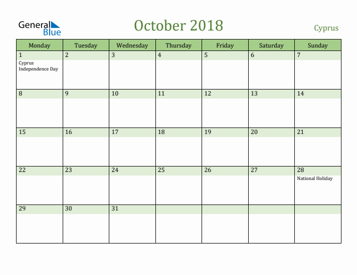 October 2018 Calendar with Cyprus Holidays