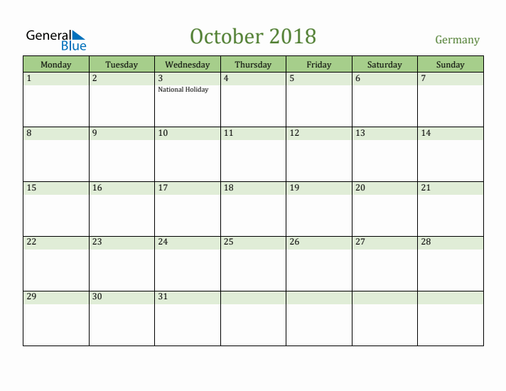 October 2018 Calendar with Germany Holidays
