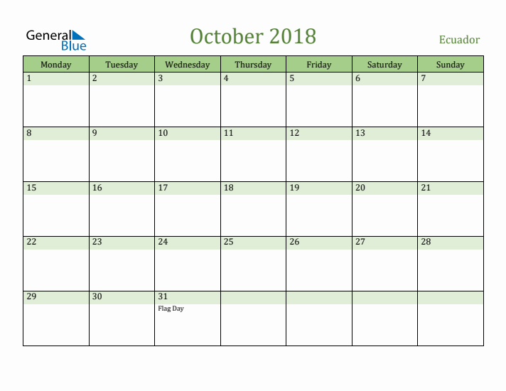 October 2018 Calendar with Ecuador Holidays