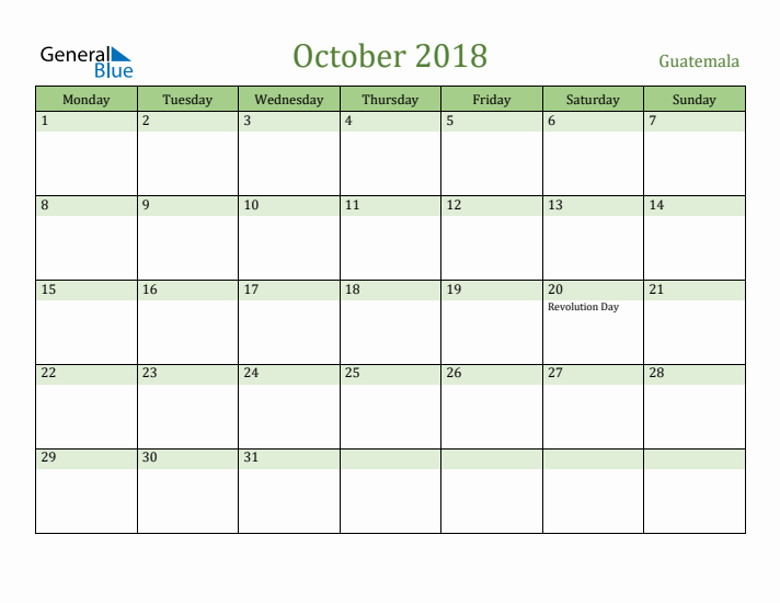 October 2018 Calendar with Guatemala Holidays