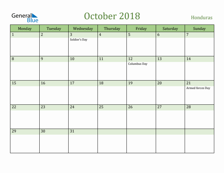 October 2018 Calendar with Honduras Holidays