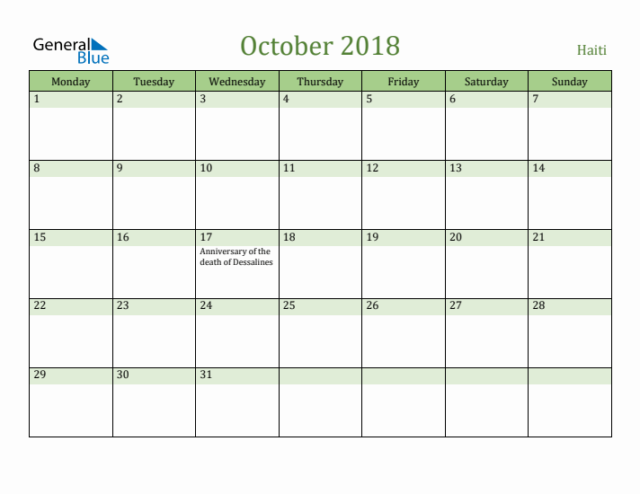 October 2018 Calendar with Haiti Holidays