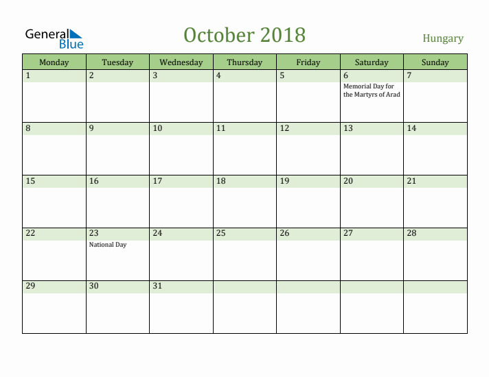October 2018 Calendar with Hungary Holidays