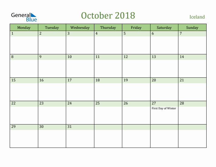 October 2018 Calendar with Iceland Holidays