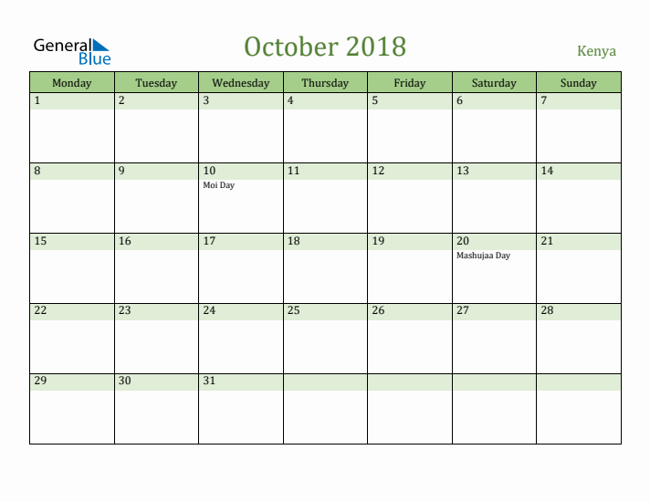 October 2018 Calendar with Kenya Holidays