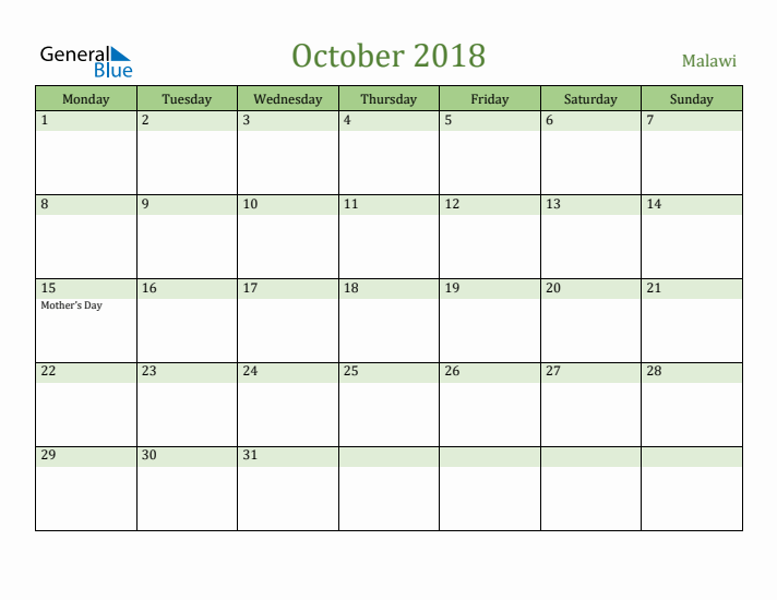 October 2018 Calendar with Malawi Holidays