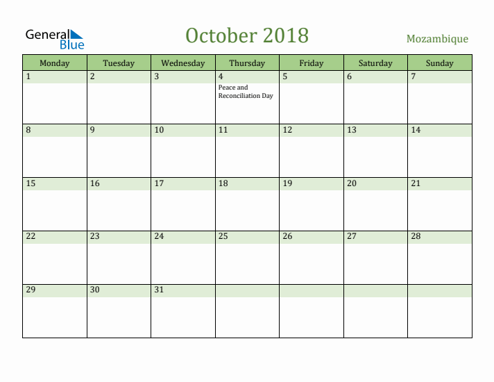 October 2018 Calendar with Mozambique Holidays