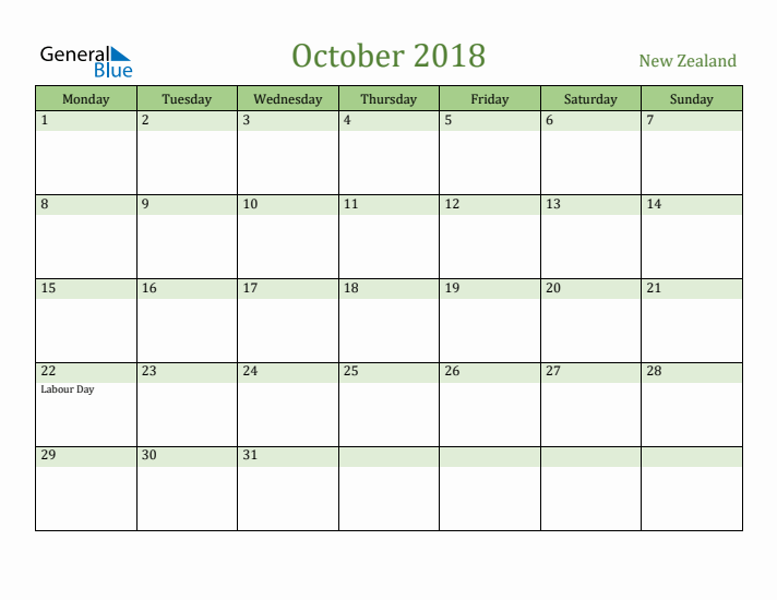 October 2018 Calendar with New Zealand Holidays