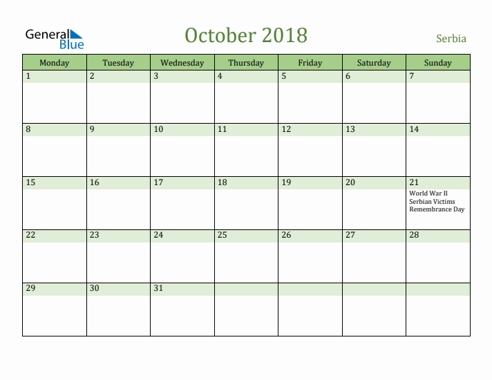 October 2018 Calendar with Serbia Holidays