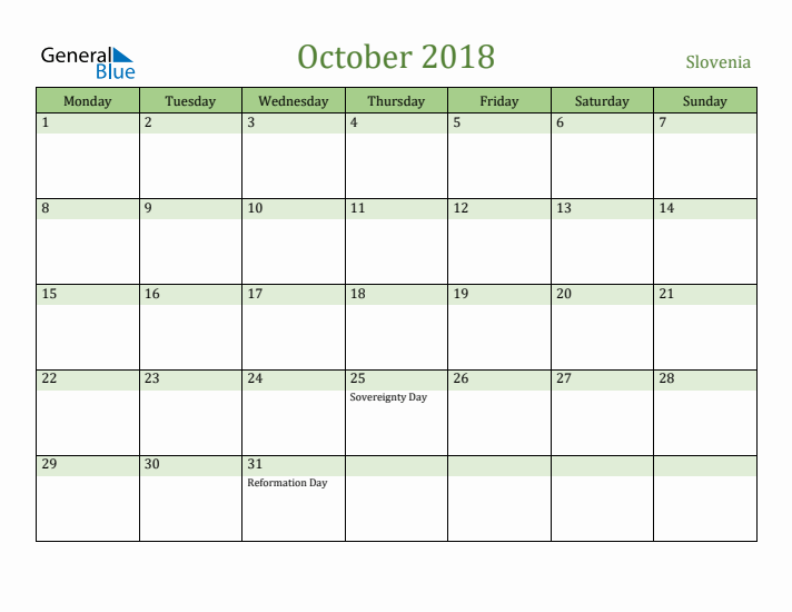 October 2018 Calendar with Slovenia Holidays