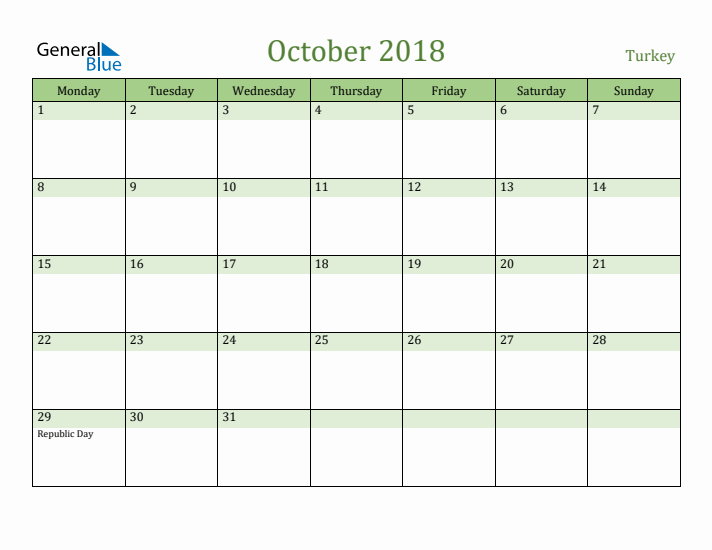 October 2018 Calendar with Turkey Holidays