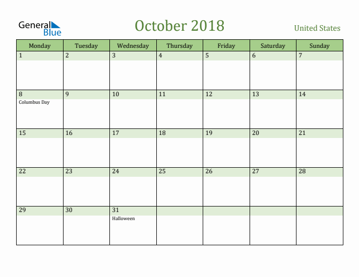 October 2018 Calendar with United States Holidays