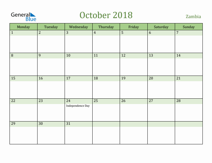 October 2018 Calendar with Zambia Holidays