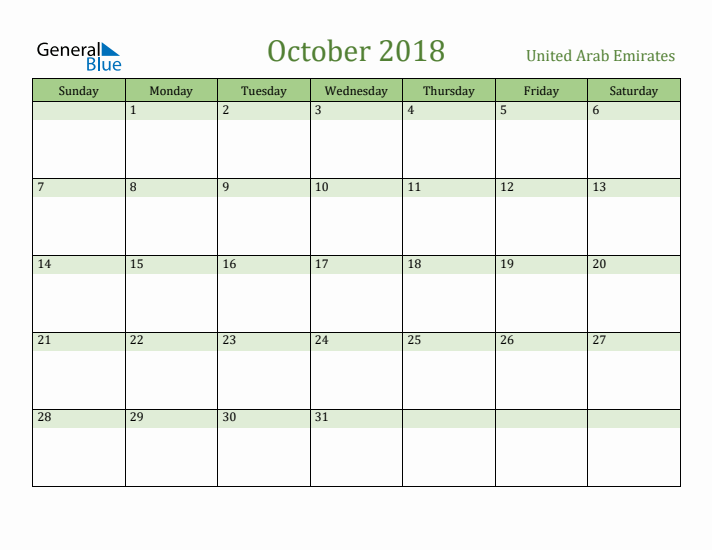 October 2018 Calendar with United Arab Emirates Holidays