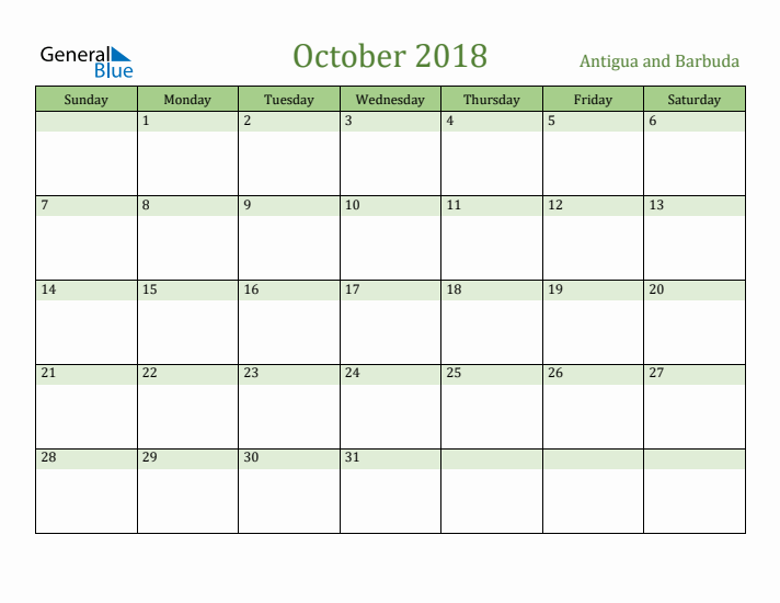October 2018 Calendar with Antigua and Barbuda Holidays