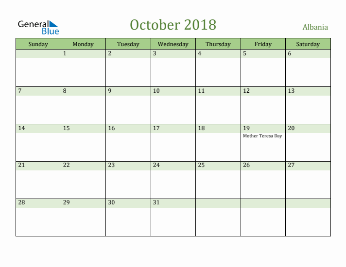 October 2018 Calendar with Albania Holidays