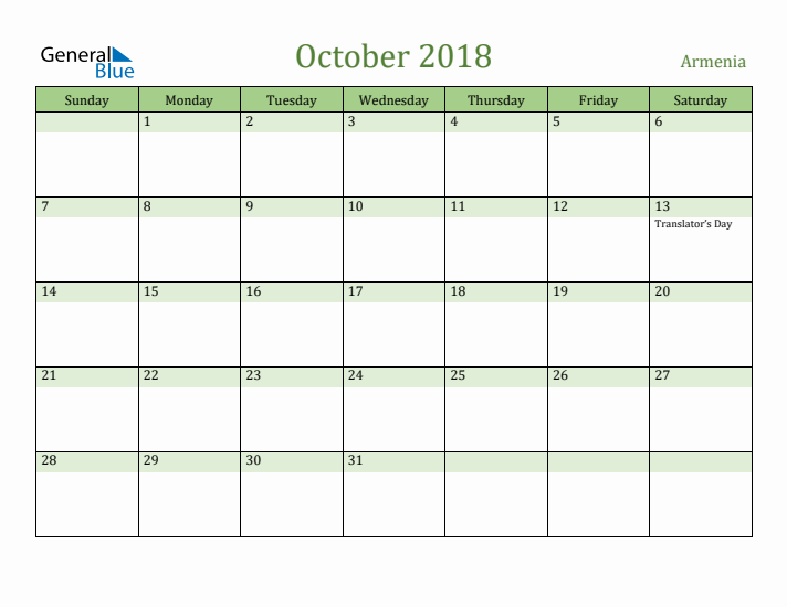 October 2018 Calendar with Armenia Holidays