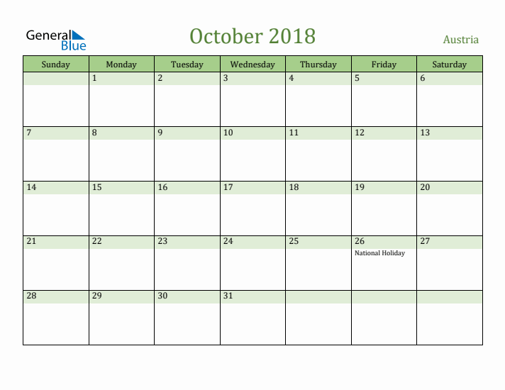 October 2018 Calendar with Austria Holidays