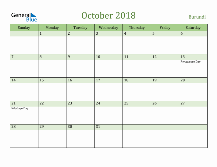 October 2018 Calendar with Burundi Holidays