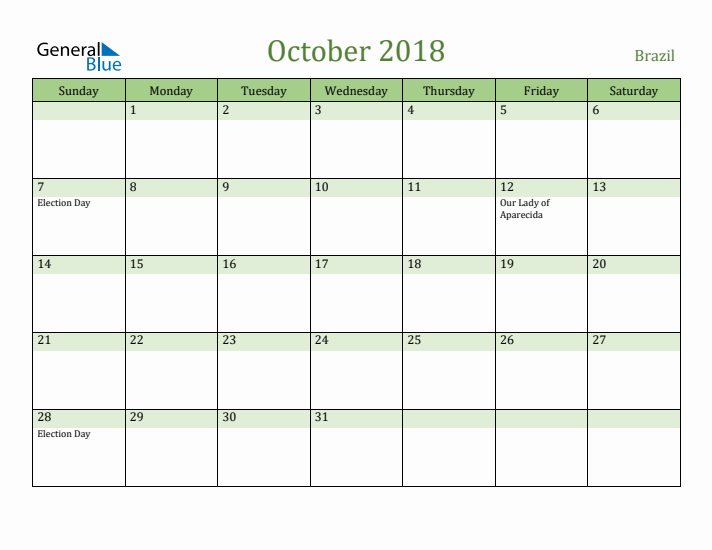 October 2018 Calendar with Brazil Holidays