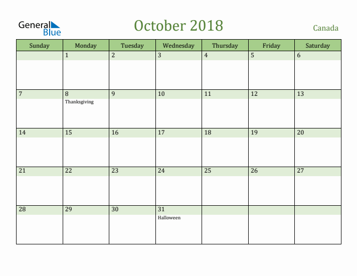 October 2018 Calendar with Canada Holidays
