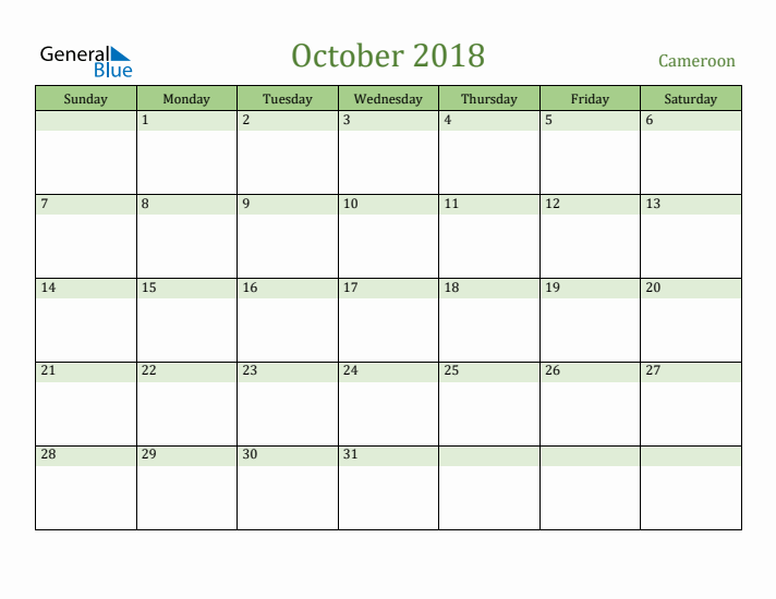 October 2018 Calendar with Cameroon Holidays