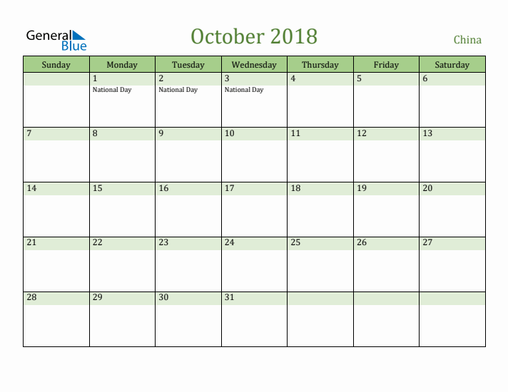 October 2018 Calendar with China Holidays