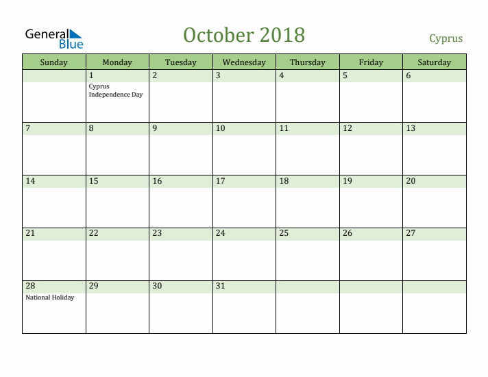 October 2018 Calendar with Cyprus Holidays