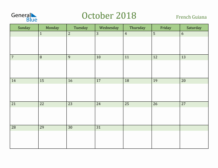 October 2018 Calendar with French Guiana Holidays