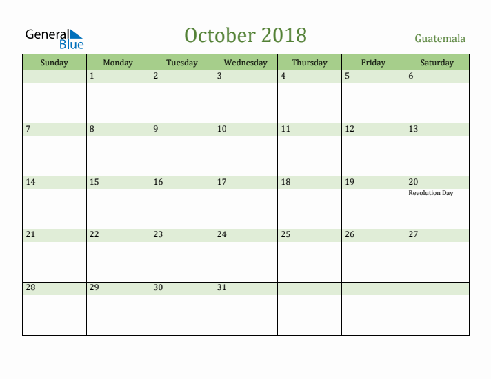 October 2018 Calendar with Guatemala Holidays
