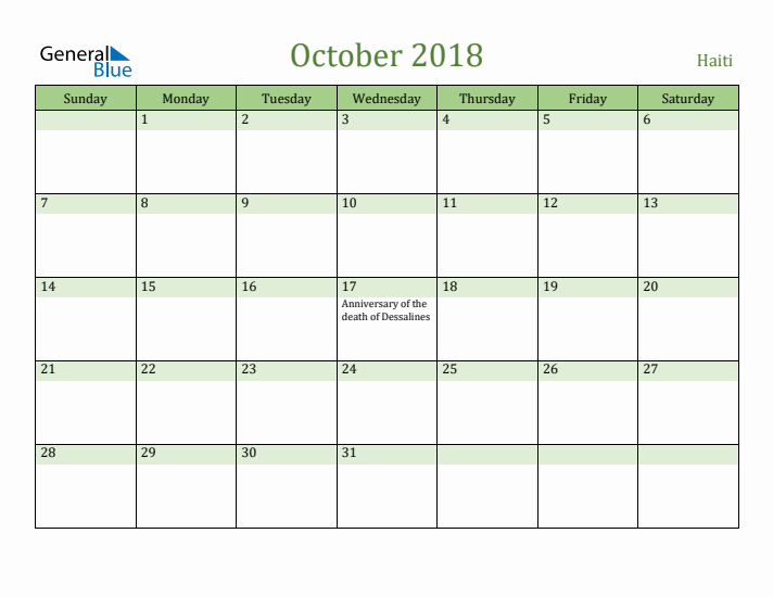 October 2018 Calendar with Haiti Holidays