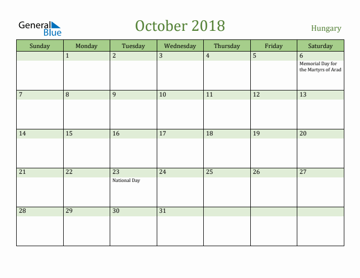 October 2018 Calendar with Hungary Holidays
