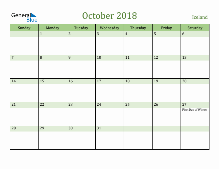 October 2018 Calendar with Iceland Holidays
