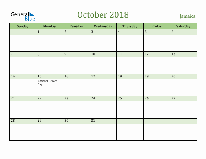 October 2018 Calendar with Jamaica Holidays