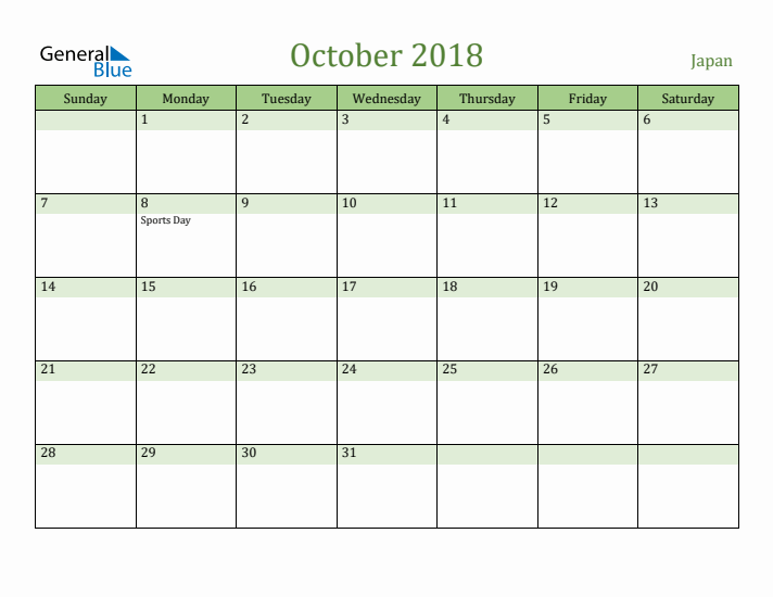 October 2018 Calendar with Japan Holidays