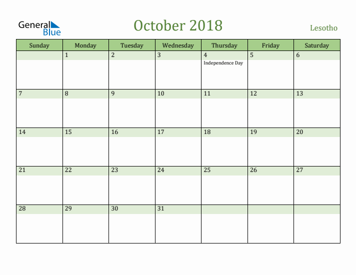 October 2018 Calendar with Lesotho Holidays