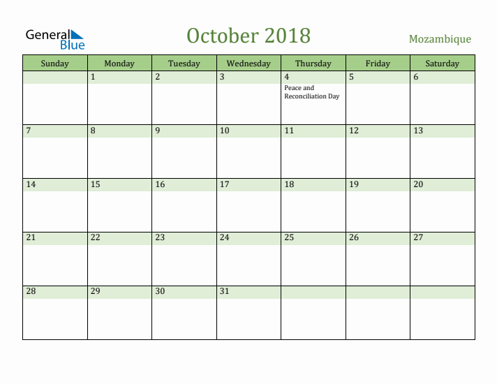 October 2018 Calendar with Mozambique Holidays