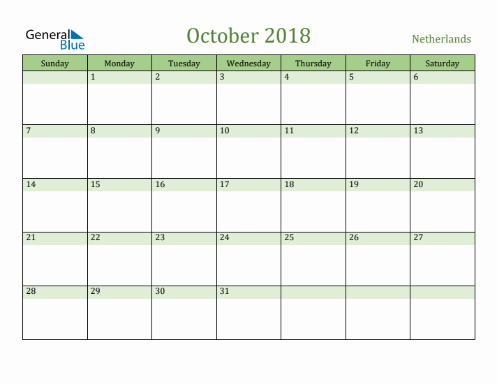 October 2018 Calendar with The Netherlands Holidays