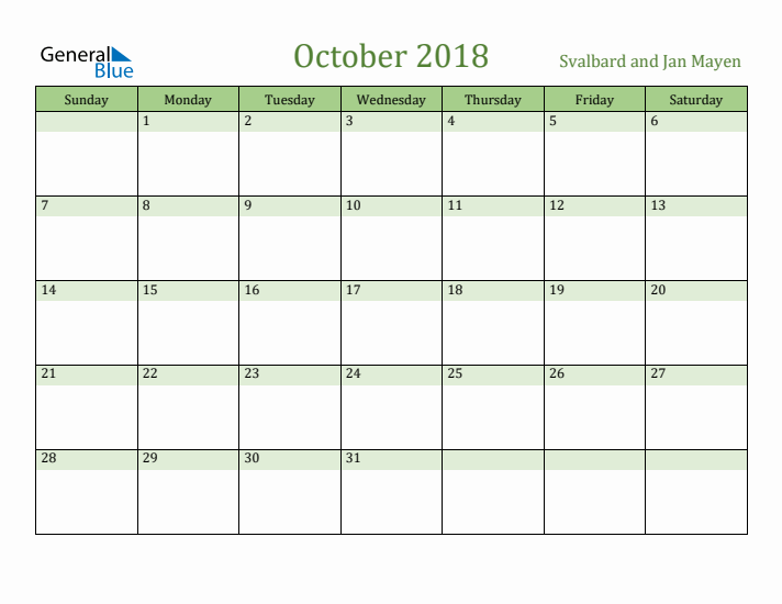 October 2018 Calendar with Svalbard and Jan Mayen Holidays