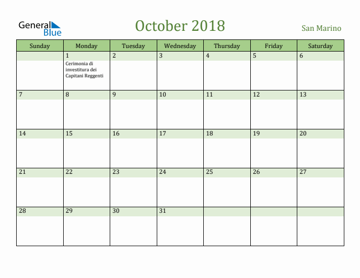 October 2018 Calendar with San Marino Holidays