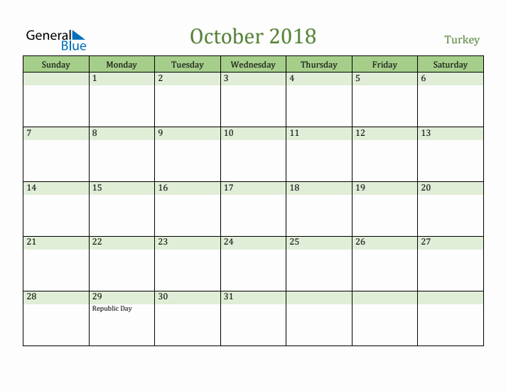 October 2018 Calendar with Turkey Holidays