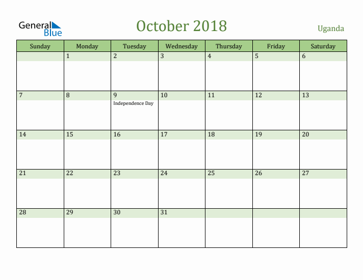 October 2018 Calendar with Uganda Holidays