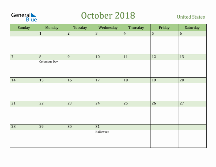 October 2018 Calendar with United States Holidays