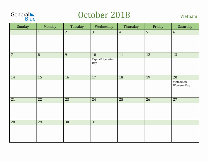 October 2018 Calendar with Vietnam Holidays