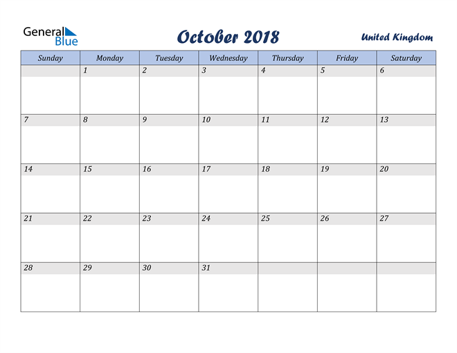 October 2018 Calendar with Holidays