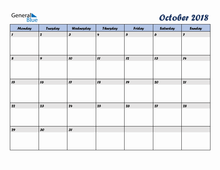 October 2018 Blue Calendar (Monday Start)