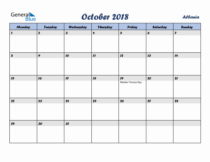 October 2018 Calendar with Holidays in Albania