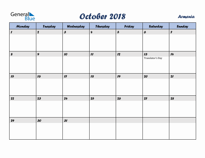 October 2018 Calendar with Holidays in Armenia